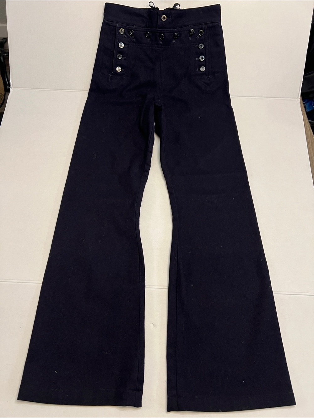 VINTAGE NAVY BLUE WOOL HIGH WAISTED WIDE LEG SAILOR FLARE PANTS 28x31.5